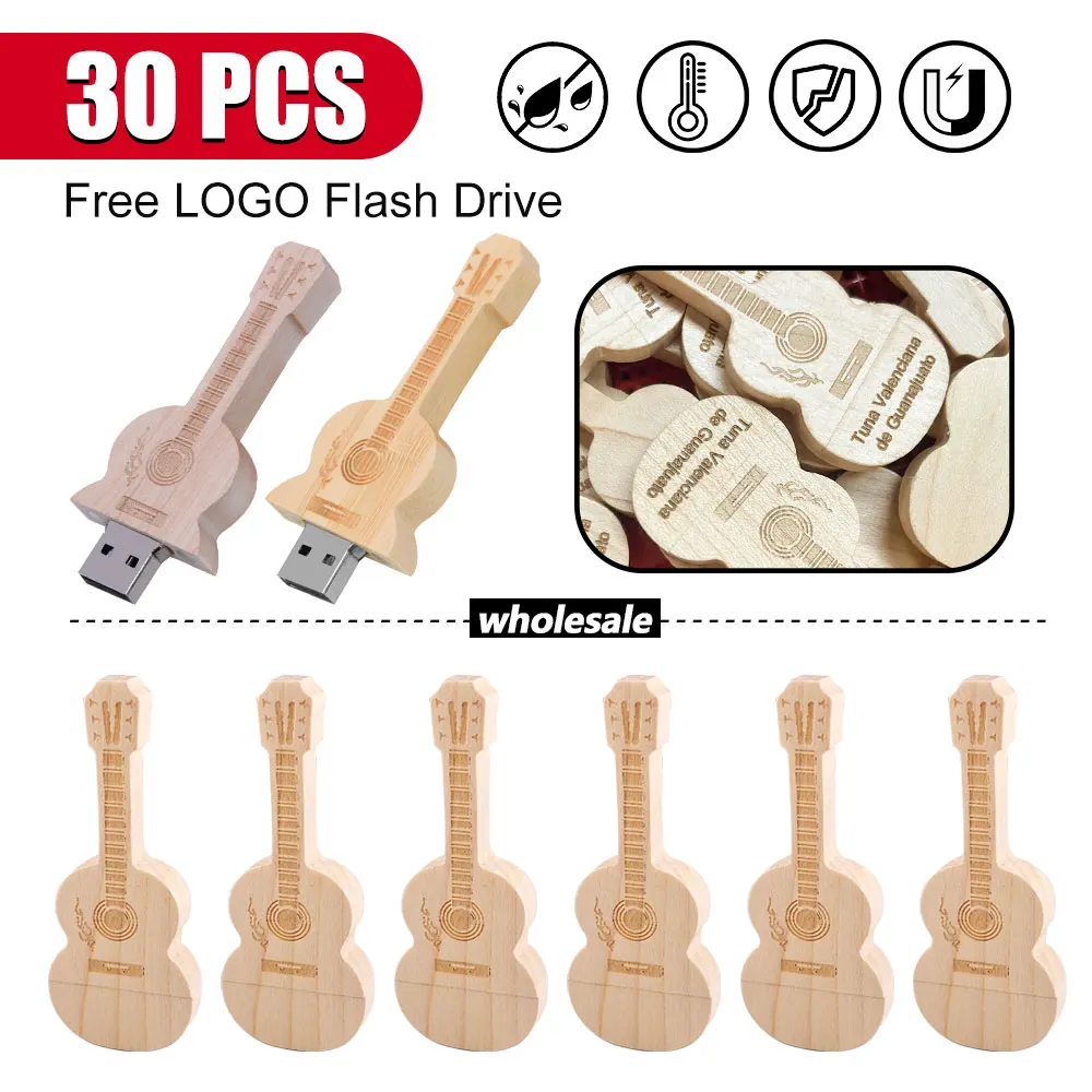 30pcs/Lot (Free LOGO) USB 2.0 Wooden Guitar Flash Drive Pendrive 4GB 8GB 16GB 32GB 64GB Memory Stick Wedding Gift