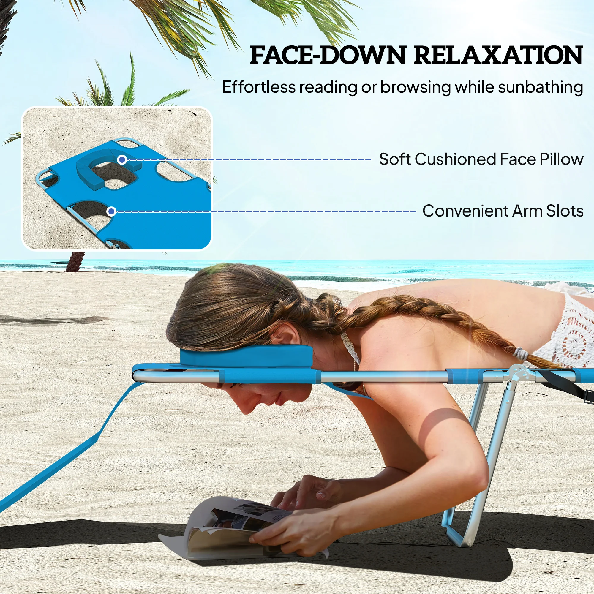 Outdoor Recliner Portable Adjustable with Face Groove Light Blue