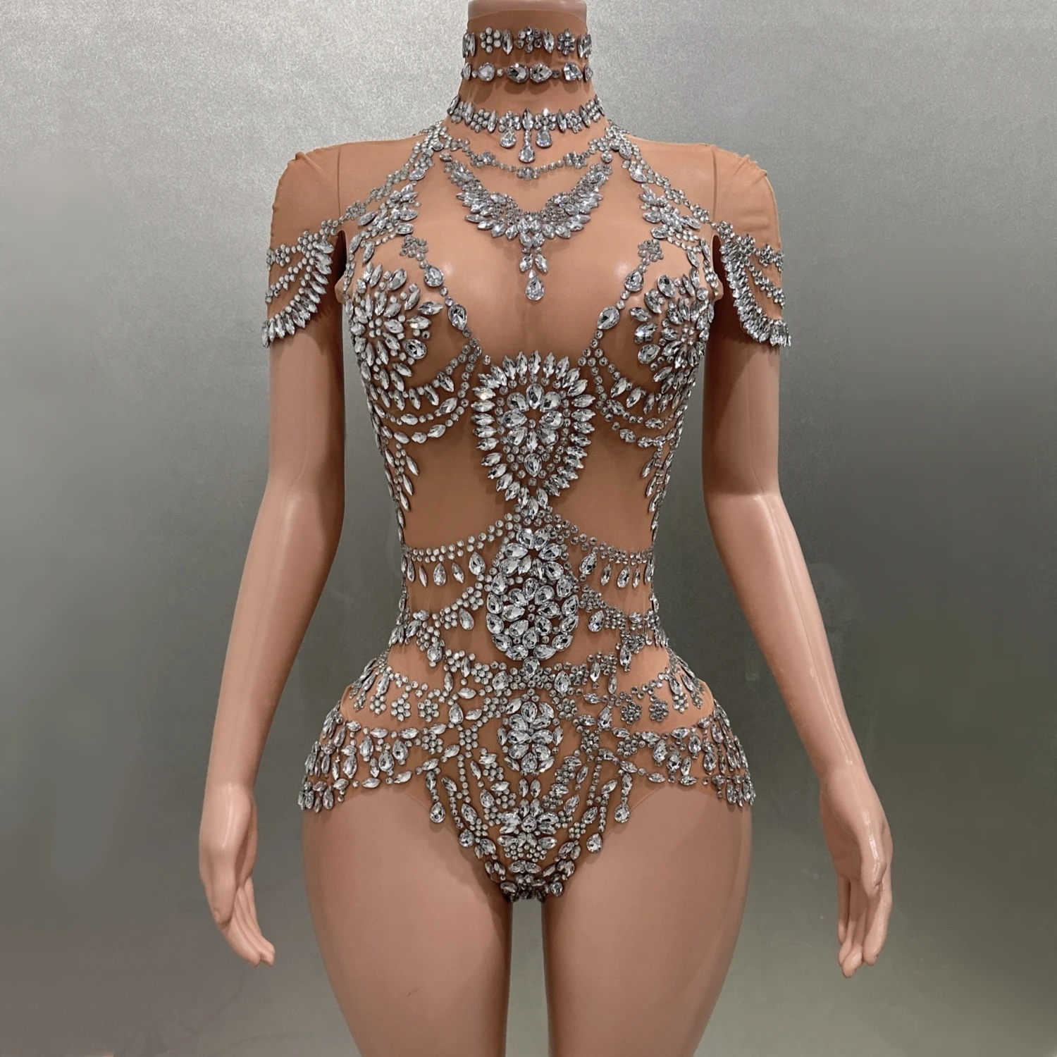 Luxury Rhinestones Sexy See-Through Sheath Bodysuit Evening Party Performance Costume Bar Nightclub Singer Dancer Stage Wear