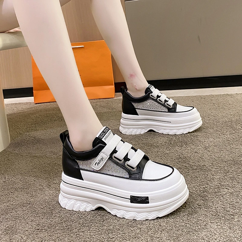 2022 Summer Women High Platform Bling Casual Shoes 8CM Comfortable Wedges Chunky Sneakers Breathable Mesh Sport Dad Shoes Woman