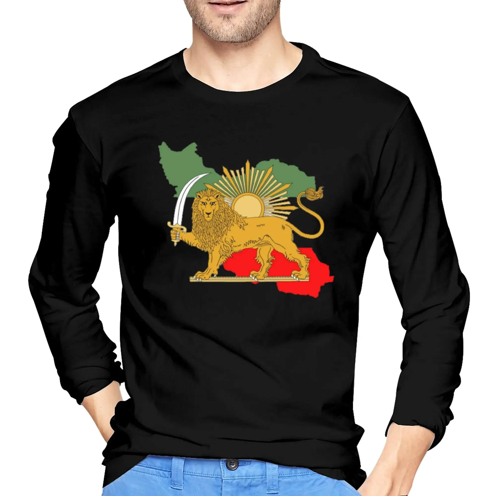 

Iran Persia map & flag Shir o Khorshid Lion and Sun Men's Long Sleeved T-shirt Round Neck T shirts Spring and Autumn Men tops