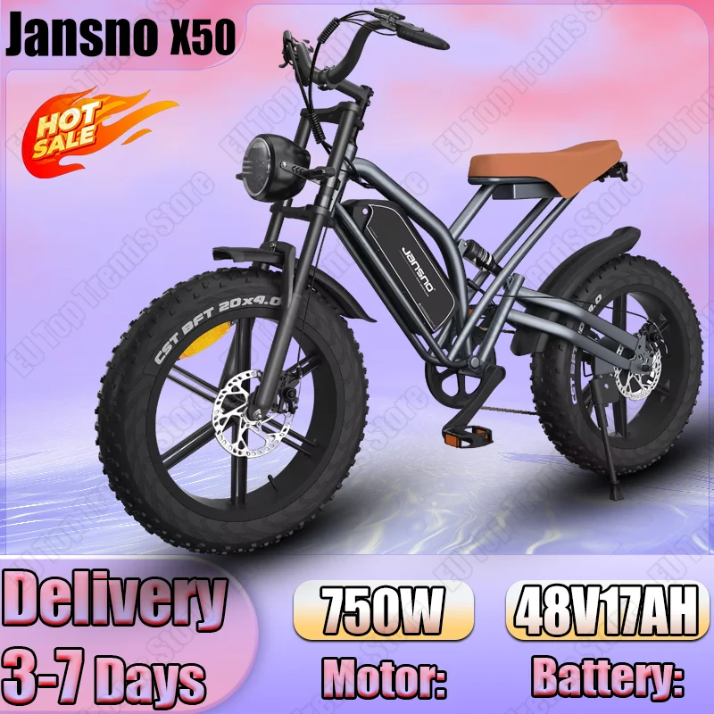 JANSNO X50 Electric Bike 750W Motor 48V17AH Battery 20*4 inch All Terrain Fat Tire Adult E Bike 7-Speed Shimano Electric Bicycle