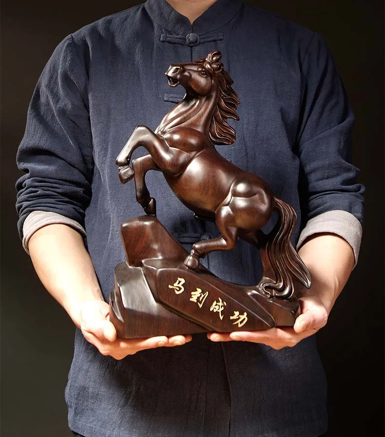 38CM Large-GOOD HOME office Spiritual efficacious Mascot # Success horse Handmade Rosewood carving FENG SHUI ART statue