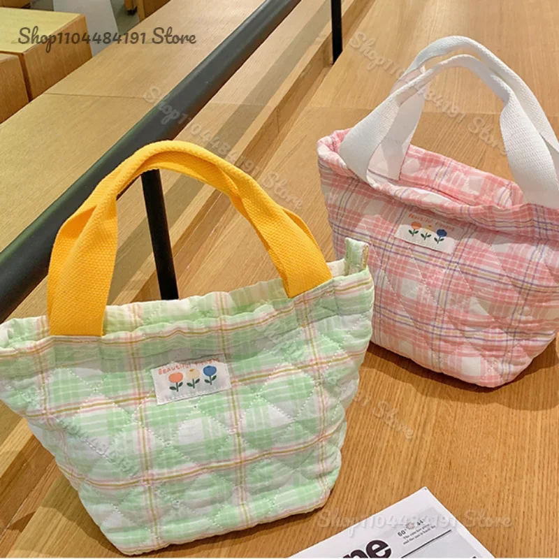 

Plaid Lunch Bag Women Thermal Big Capacity Drawstring Lunch Box Tote Food Bags Office Worker Portable Insulated Food Storage Bag