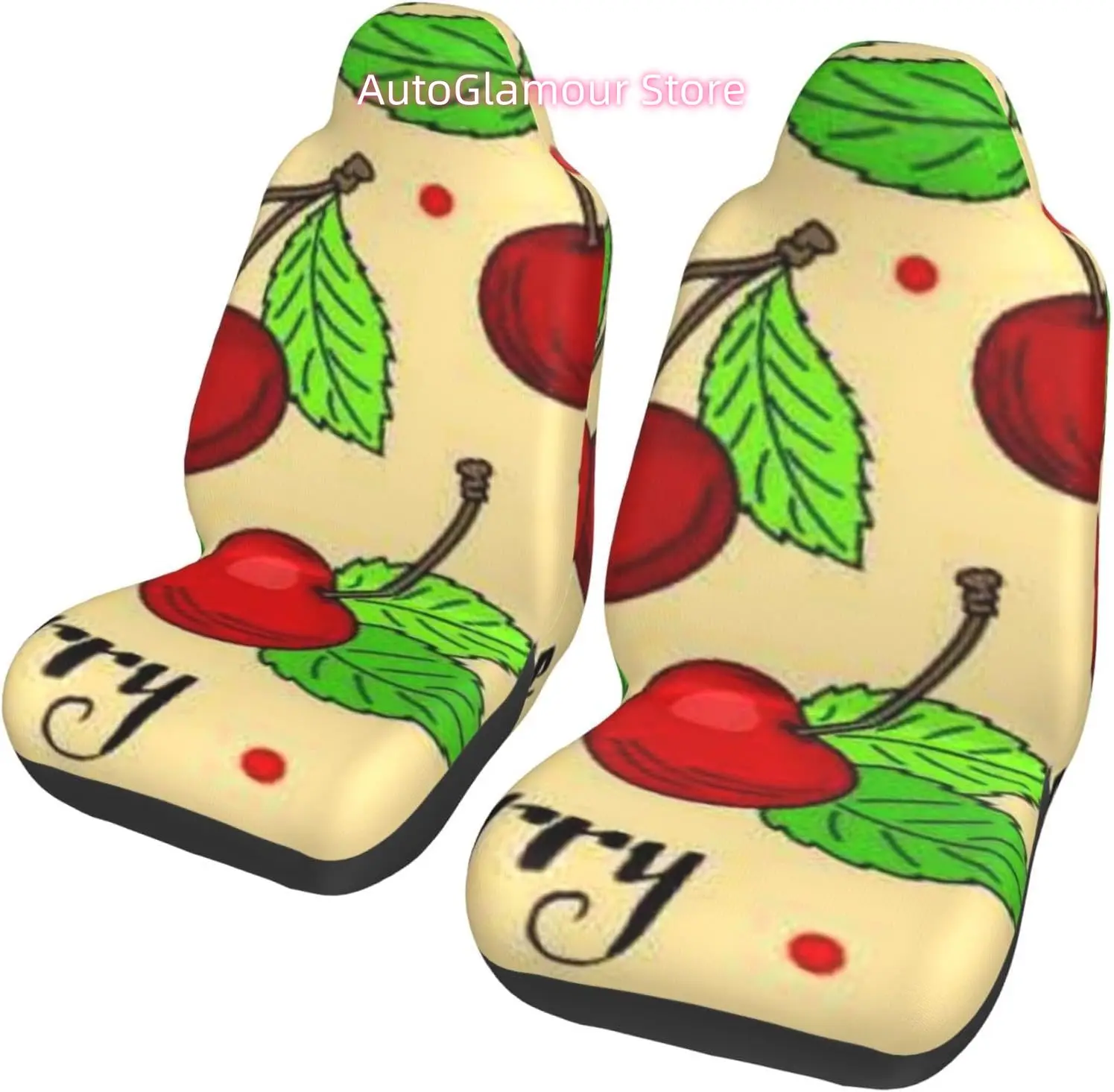 Pattern Red Cherries Green Leaves Beige Background Universal Car Seat Covers 2-Piece Set - Stretch-to-Fit Front Seat Protectors