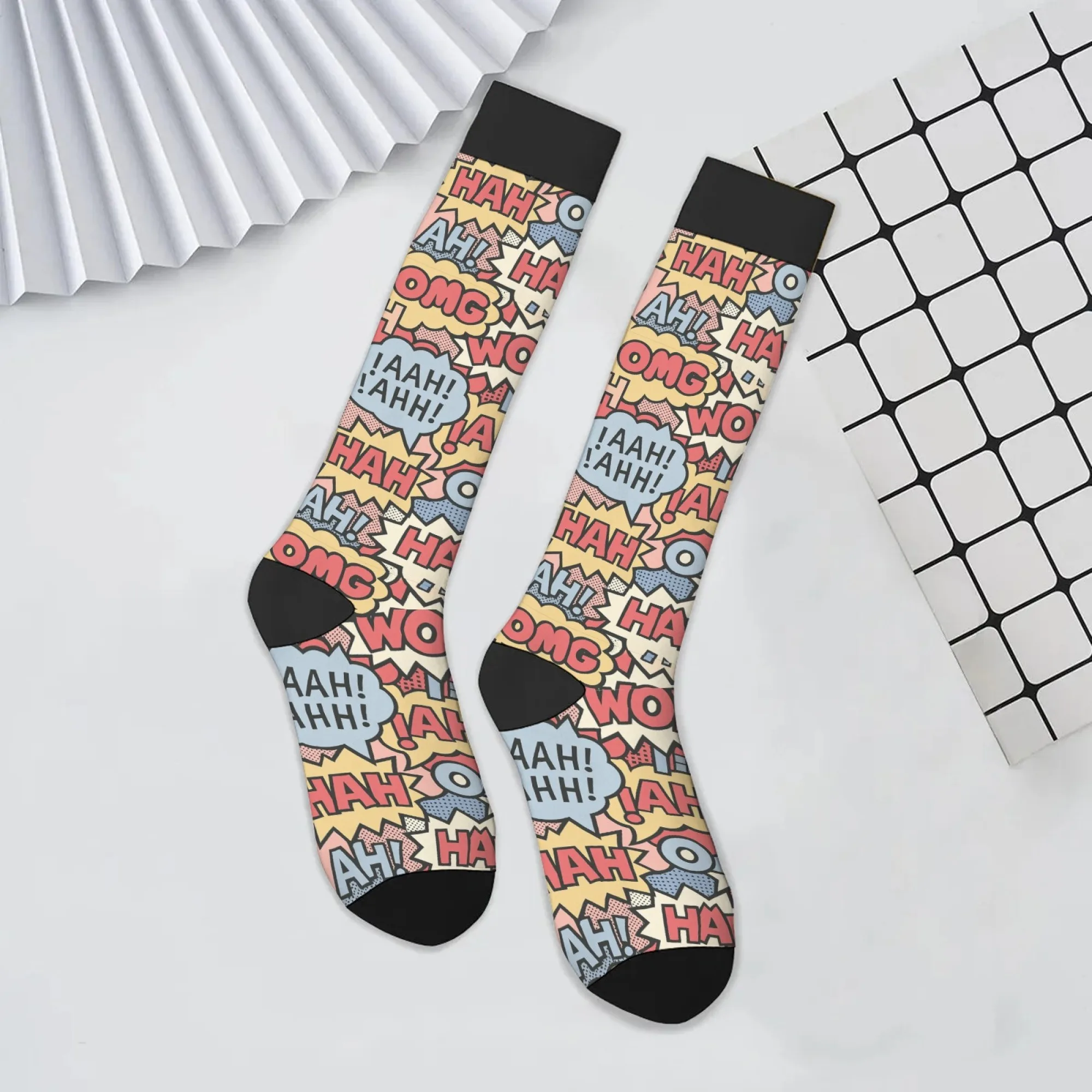 Модные звуковые носки до колена из мягкой ткани с современными поп-артными принтами «Хтреш» «Бич» фиолетово-оранжевого цвета гибкие для уличных прогулок