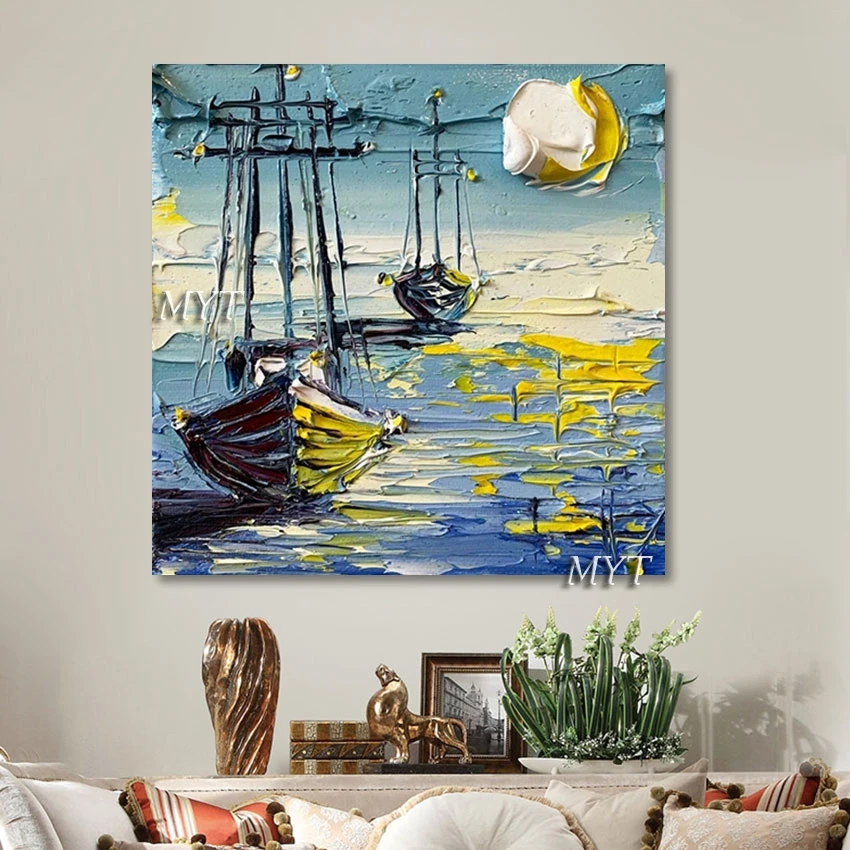 

Abstract Sailboat Picture Knife Art Oil Paintings Unframed Large Size Seascapes Hand-painted Wall Decorations For Living Room