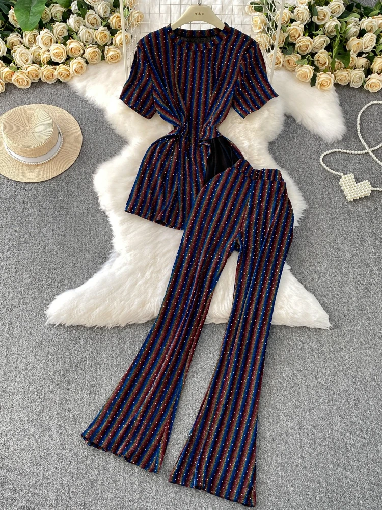 

High end shiny rhinestone round neck T-shirt mid to long fashionable split top+high waist slimming bell bottom pants set