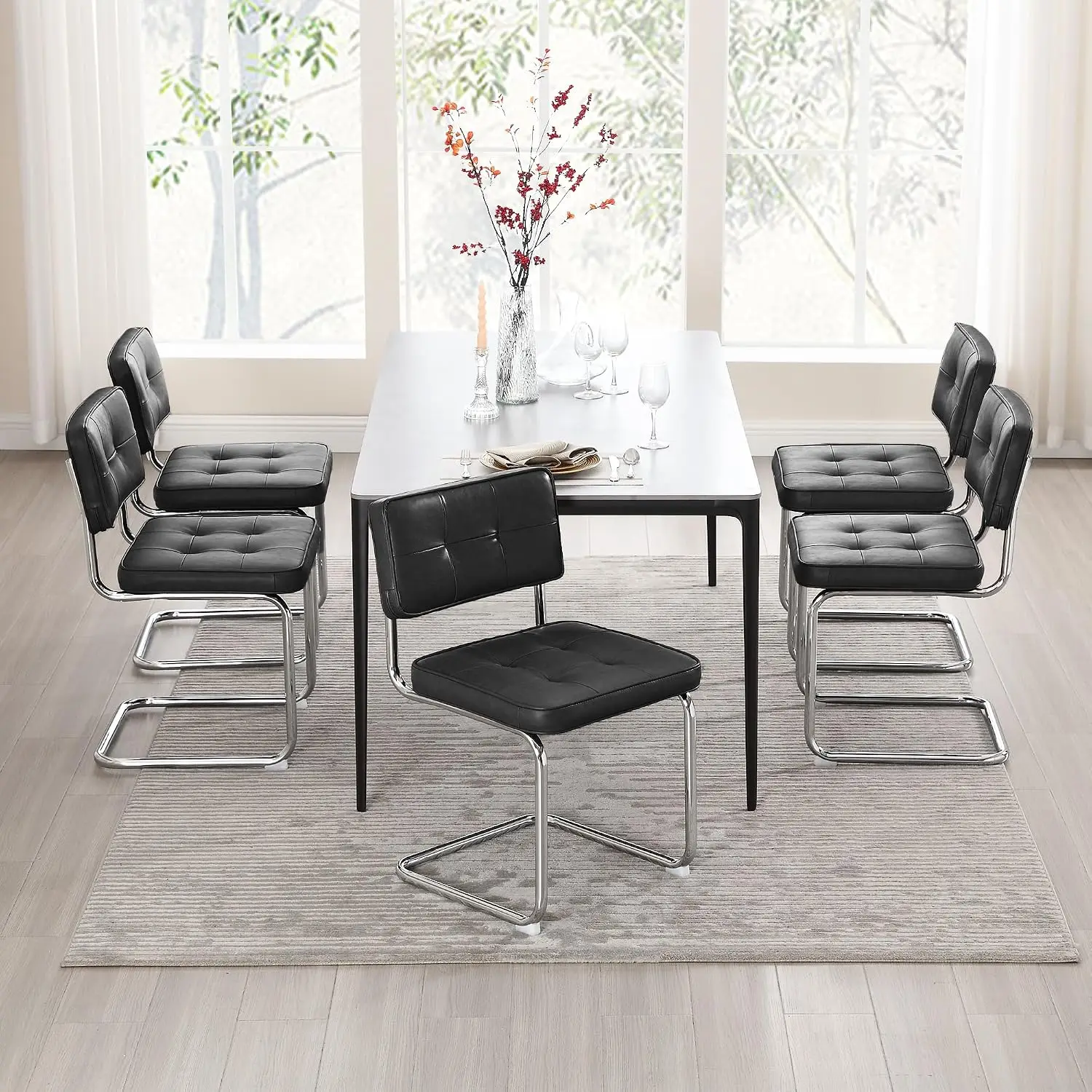 Mid Century Dining Chair Set 4, Faux Leather Kitchen Chair Chrome Legs, Metal Cantilever Armless Side Chair, Customized