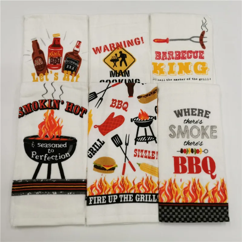 1Pc 41x66cm Thicken Cotton Absorbent White Barbecue BBQ Baking Cut Velvet Printed Kitchen Tea Towel