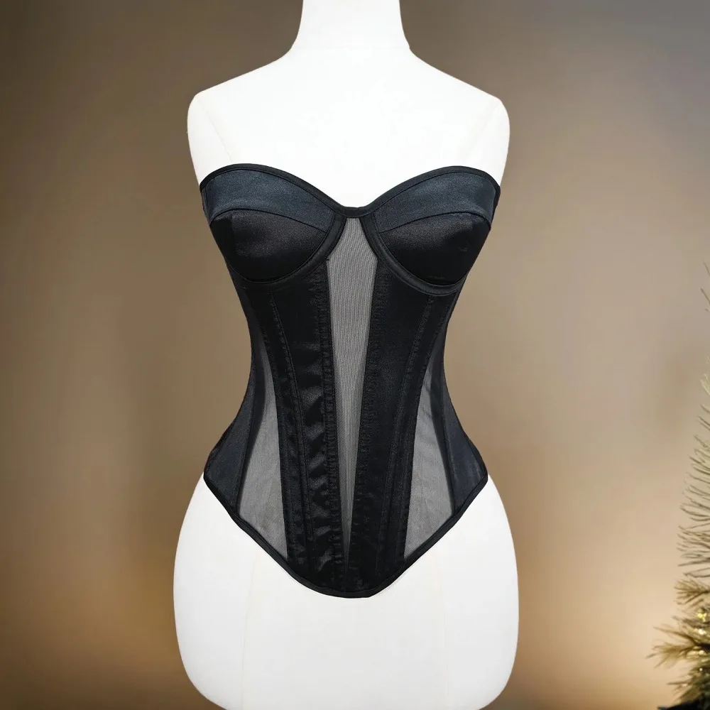 

Women Corset Bustier With Cups Push Up Breast Overbust Transparent Mesh Lace Up Boned Bodice Sexy Crop Top For Wedding lingеrie