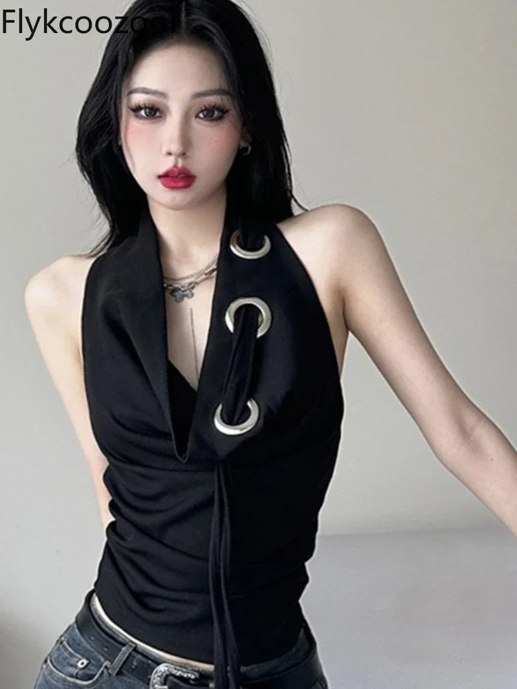 Sexy Hot Girl Backless Halter Vest Women's Summer Design V-neck Ribbon Temperament Pure Lust Style Black Outer Top