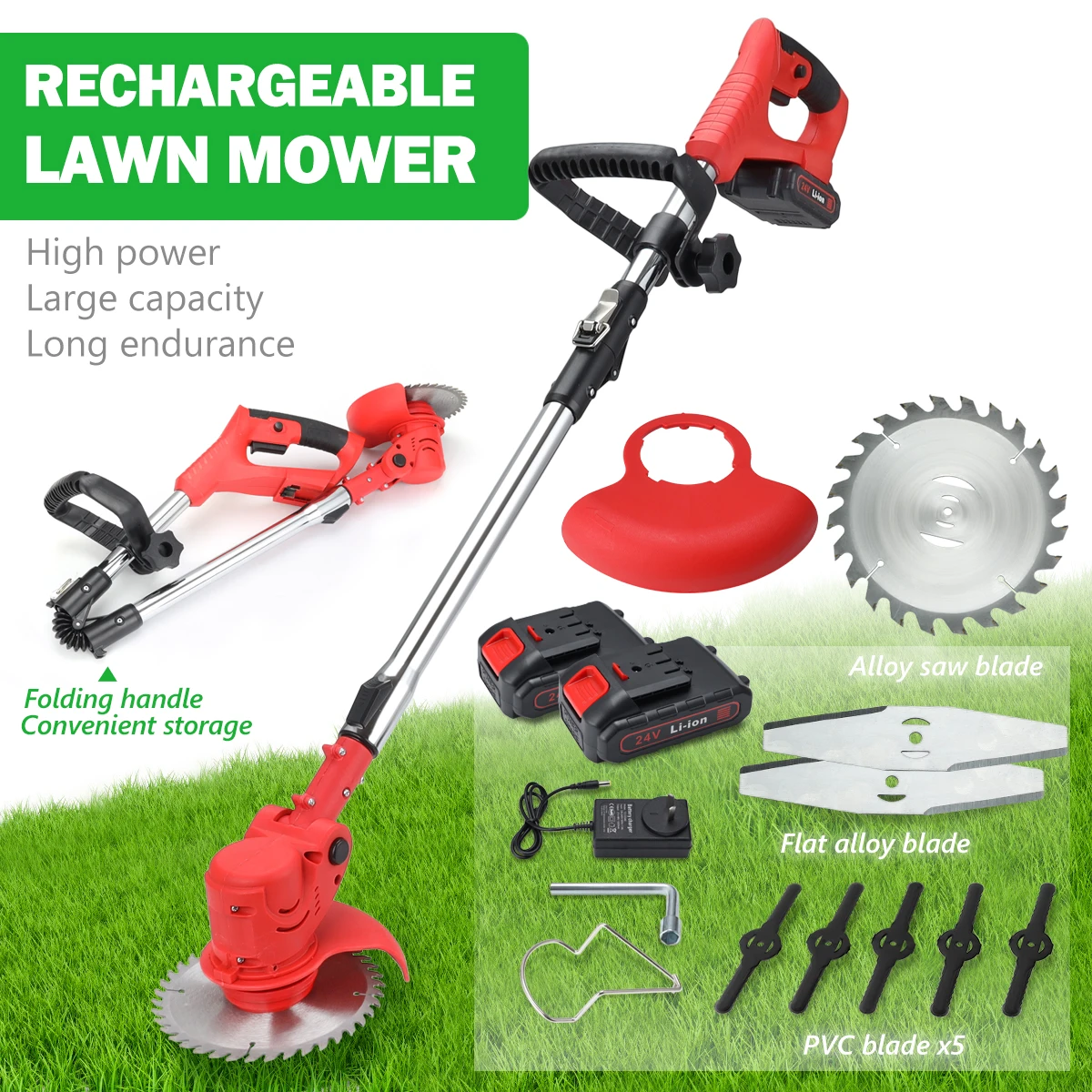 Foldable Electric Lawn Mower Pruner Cordless Grass Trimmer Branch Cutter Lawnmover Garden Pruning Power Tool w/2 Batteries