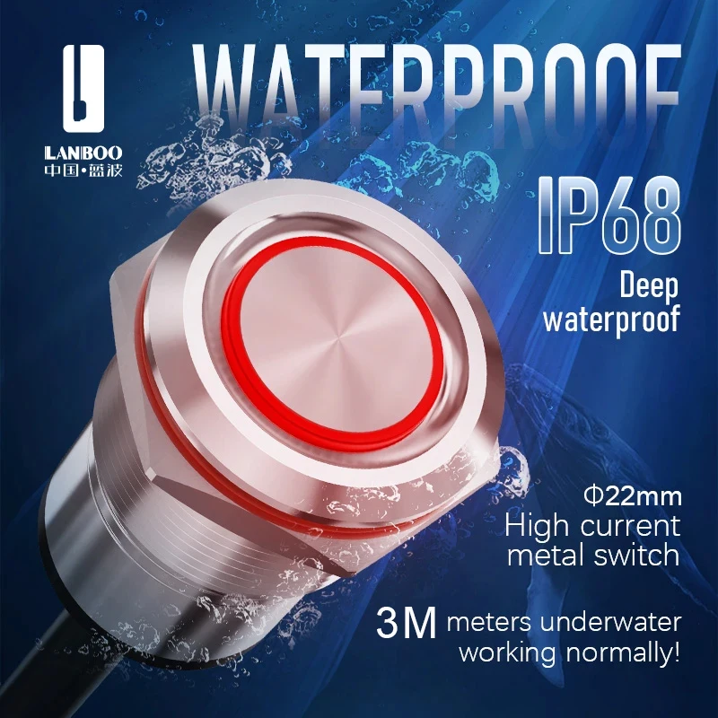 

LANBOO 22mm 3A Metal Push Button Switch 304 Stainless Steel Self-locking Reset 1NO High Waterproof IP67