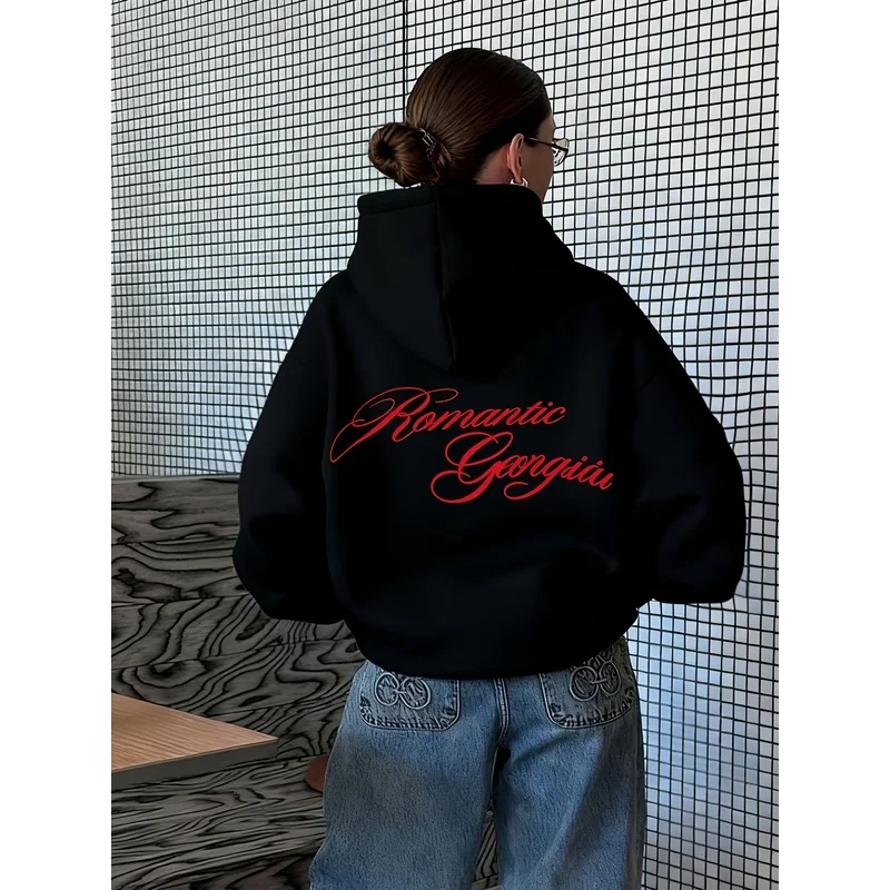 Creative and minimalist letter-patterned printed hooded fleece sweatshirt, a versatile and trendy casual top for women