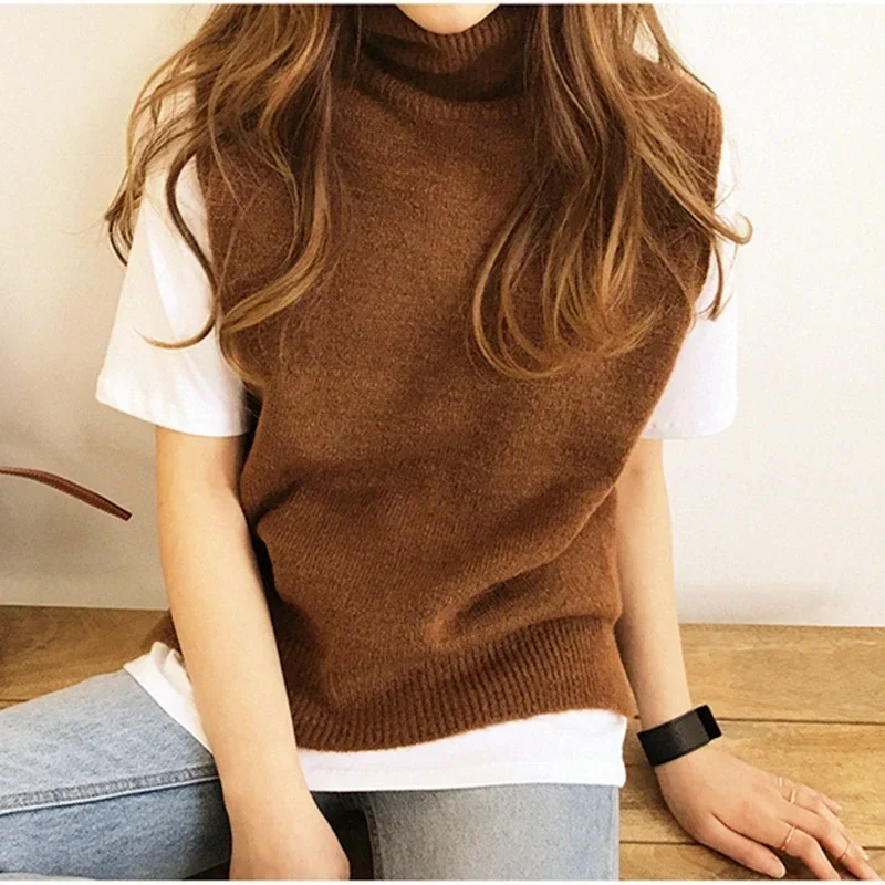 Women\'s Knitted  Cashmere Wool Turtleneck Vest Side Slit Winter Female Wool Sweater Sleeveless Waistcoat New Vogue