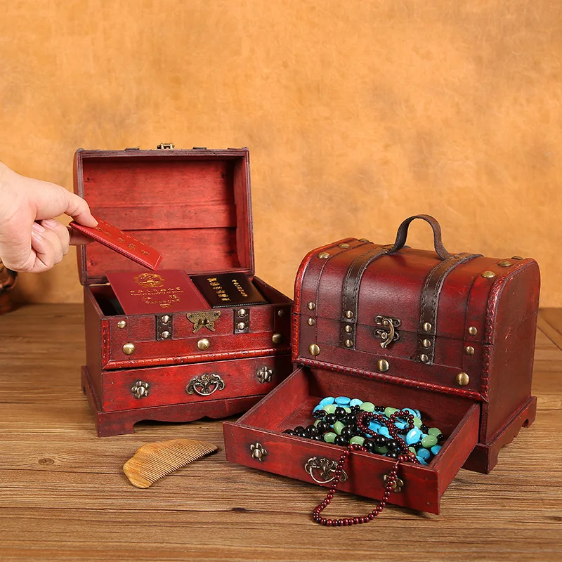 

Традиционная деревянная шкатулка для драгоценностей в китайском стиле, большой размер, деревянная шкатулка-органайзер, винтажный сундук с сокровищами и замком, украшение комнаты