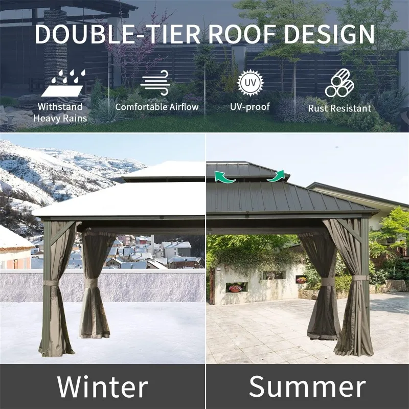 China Export 3.65*4.85 m Outdoor Gazebo 2-Tier Hardtop Galvanized Iron Aluminum Powder Coated Garden Tent for Patio Backyard
