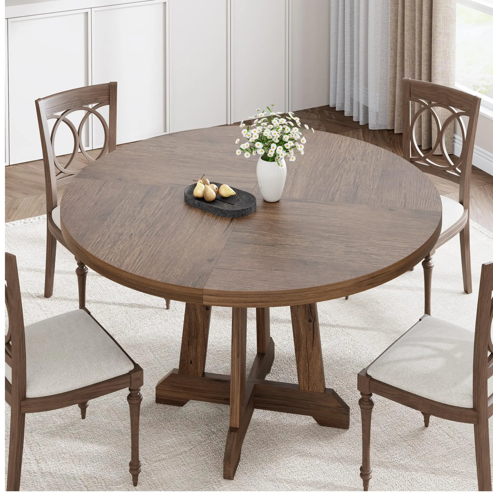 Round Dining Table for 4, 47 Inch Wooden Kitchen Table with Mortise Legs, Circle Table, Dinner Table for Dining Room, Kitchen