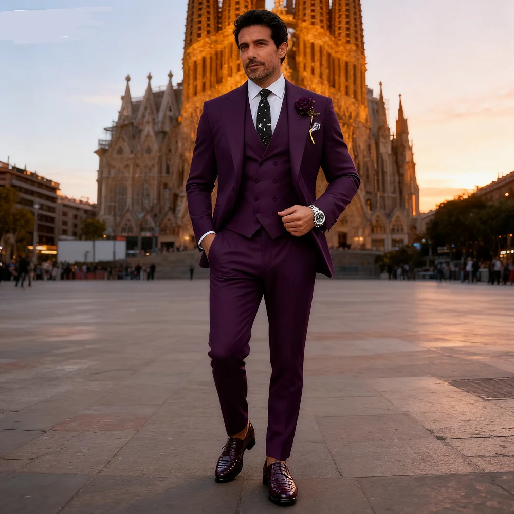 

Elegant Pink 3-Piece Slim Fit Men's Suits with Vest And Pants Wedding Groom Tuxedo Prom Formal Male Party Business Blazer Set