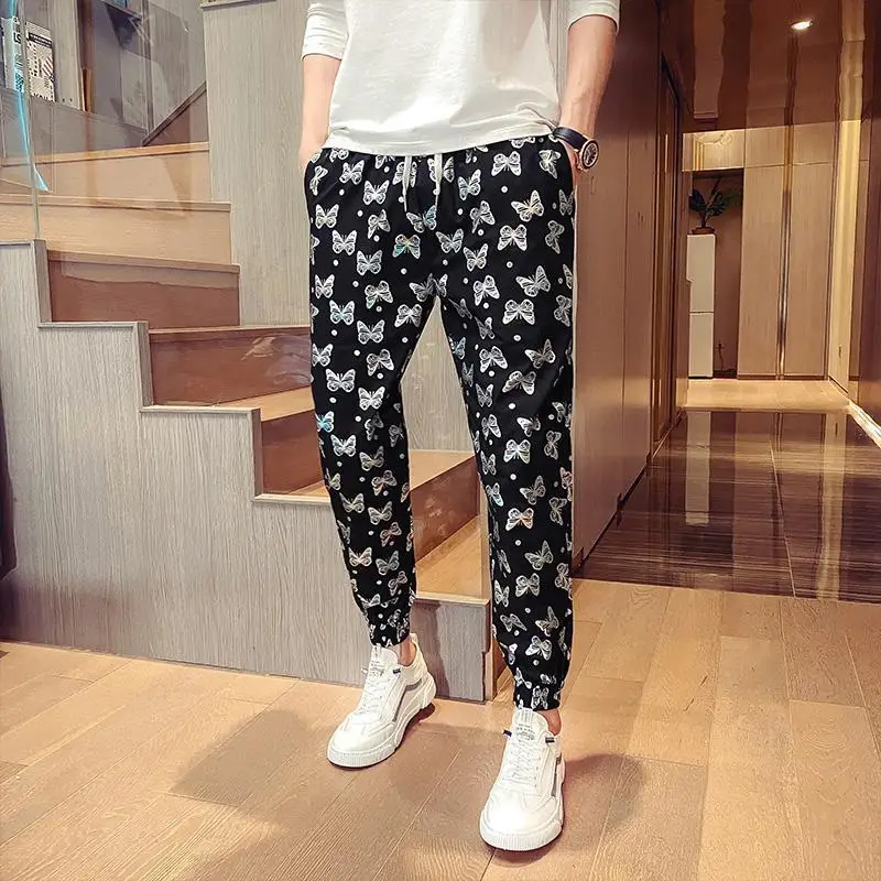 2023 Men\'s Clothing Summer Trend Korean Version Fashion Casual Bow Printed Loose Elastic Waist Sports Lightweight Wide Leg Pants