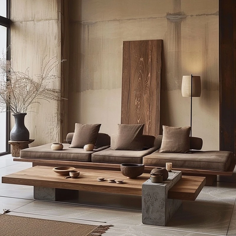 Solid wood log simple modern straight row sofa combination double atmosphere three-person sofa hotel