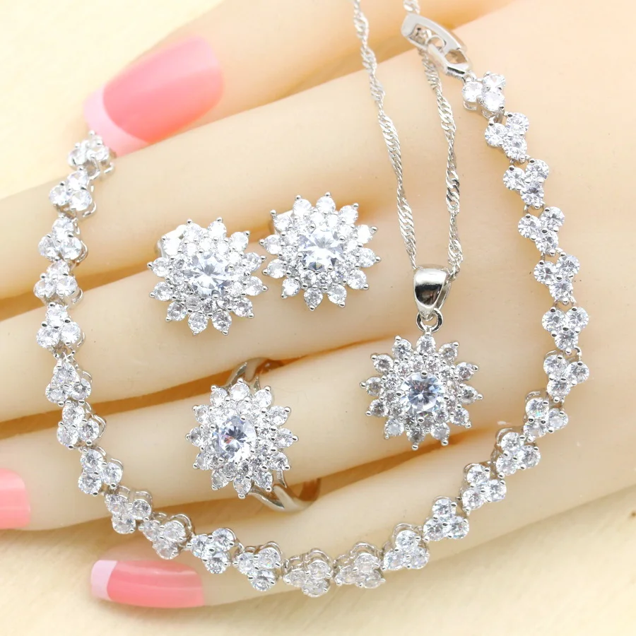 White Zircon Dubai Silver Color Bridal Jewelry Sets For Women Bracelet Earrings Necklace Pendant Ring Birthday Gift