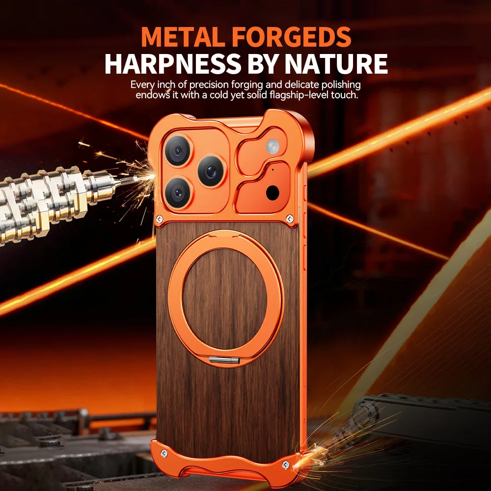 

Чехол с металлической рамкой для iPhone17 Pro Max и магнитным кронштейном для iPhone17Pro, чехол с рамкой из дерева, задняя панель, высококачественный чехол