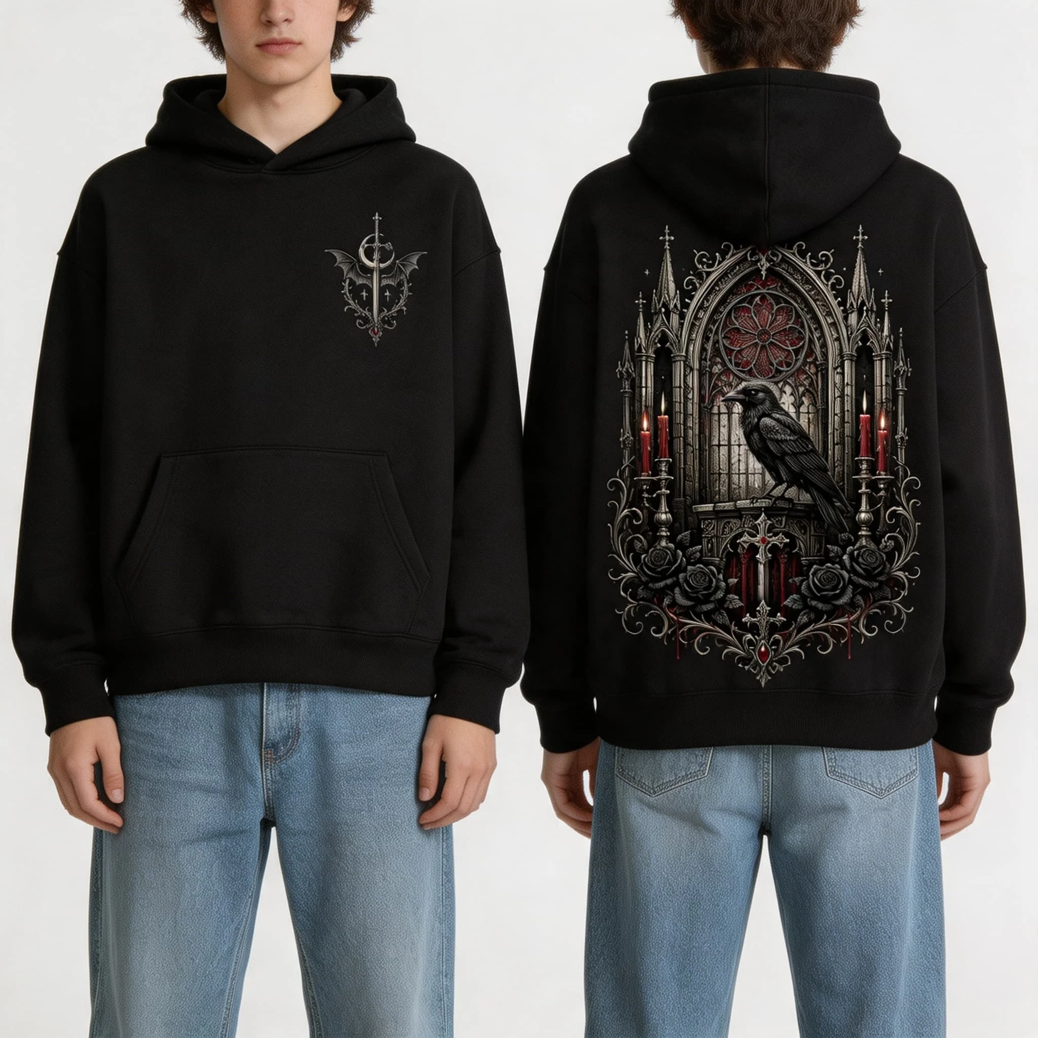 Autumn Winter Casual Gothic Raven Cathedral Print Men hooded sweatshirt Women Boys coat Top Parent Child Kid 's Cotton Hoodie