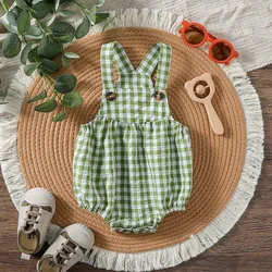 Baby Summer Girls Cute Sleeveless Green Plaid With Button Cotton Soft Jumpsuit Outdoor Clothing