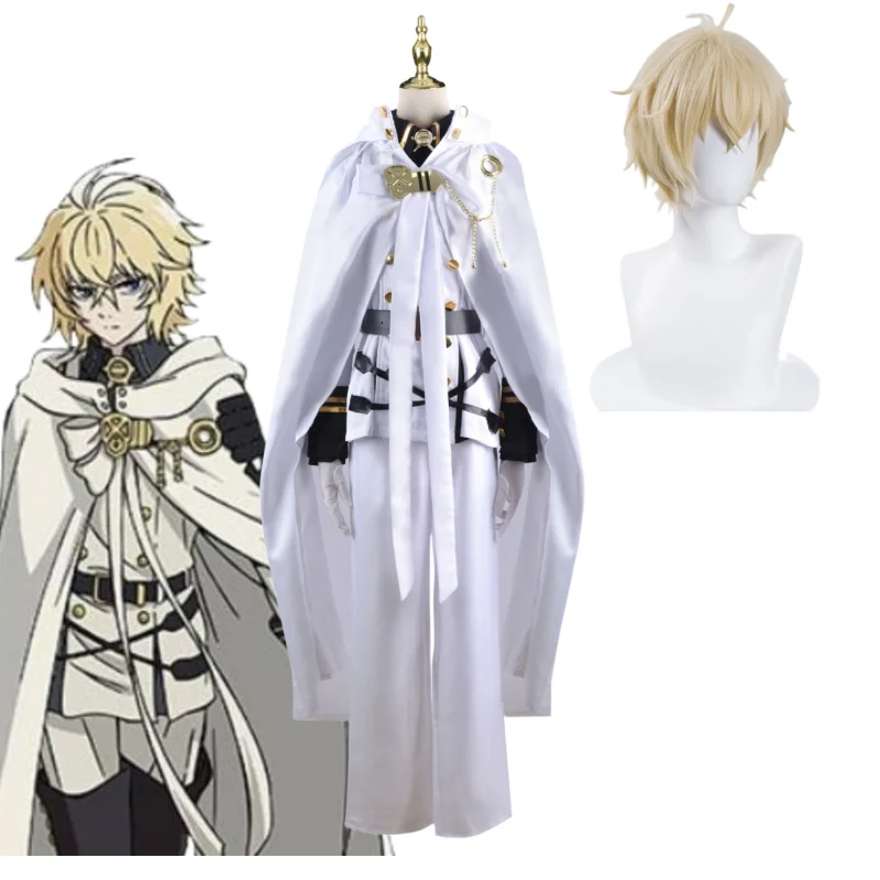 

Anime Seraph of The End Mikaela Hyakuya Cospaly Costume White Coat Pant Cloak Golden Wig Belt Glove Full Set Halloween Costumes