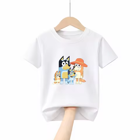 Bluey Cartoon White T Shirt for Boys Girls 2026 New Cotton Short Sleeve Soft Top Funny Gift Idea