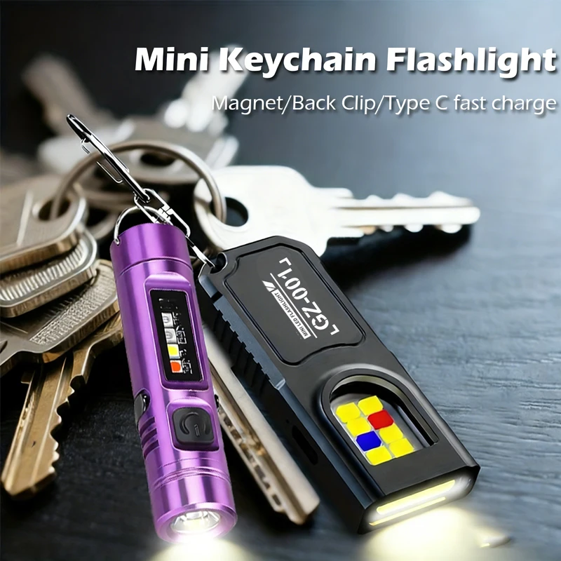 Powerful Mini COB LED Keychain Flashlight USB C Rechargeable Hanging Work Light Waterproof Keyring Camping Walking Pocket Lamp