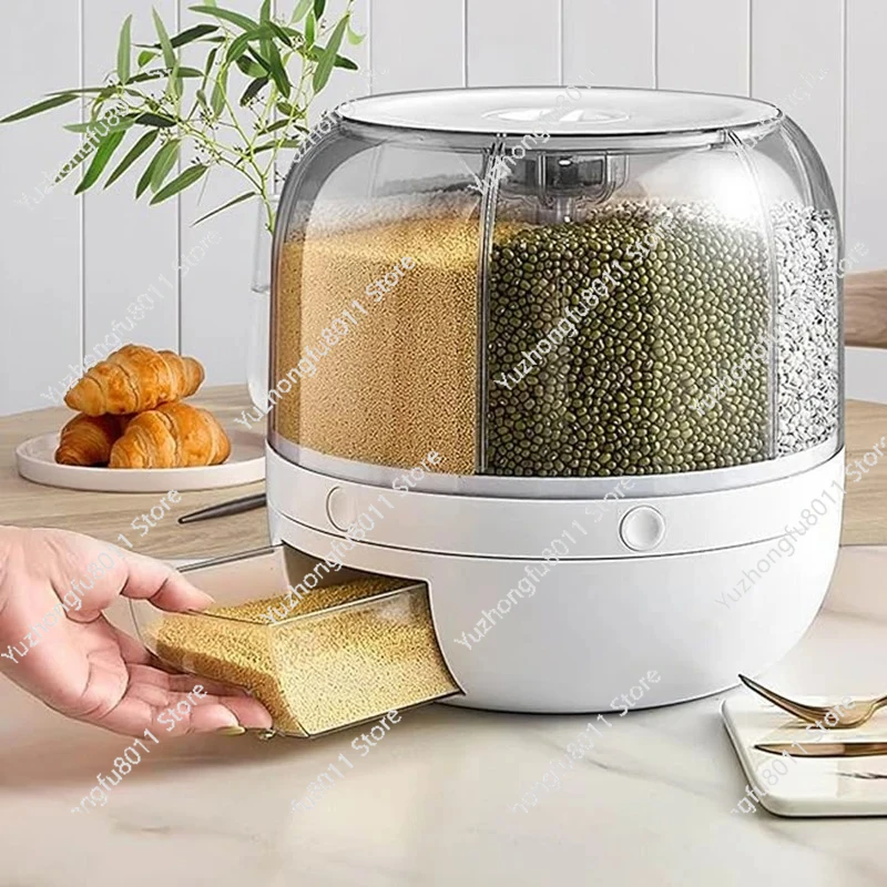 

360° Rotating 6-Grid Grain Dispenser One-Touch Output Sealed Storage Container Moisture-Proof Rice Organizer for Kitchen Pantry
