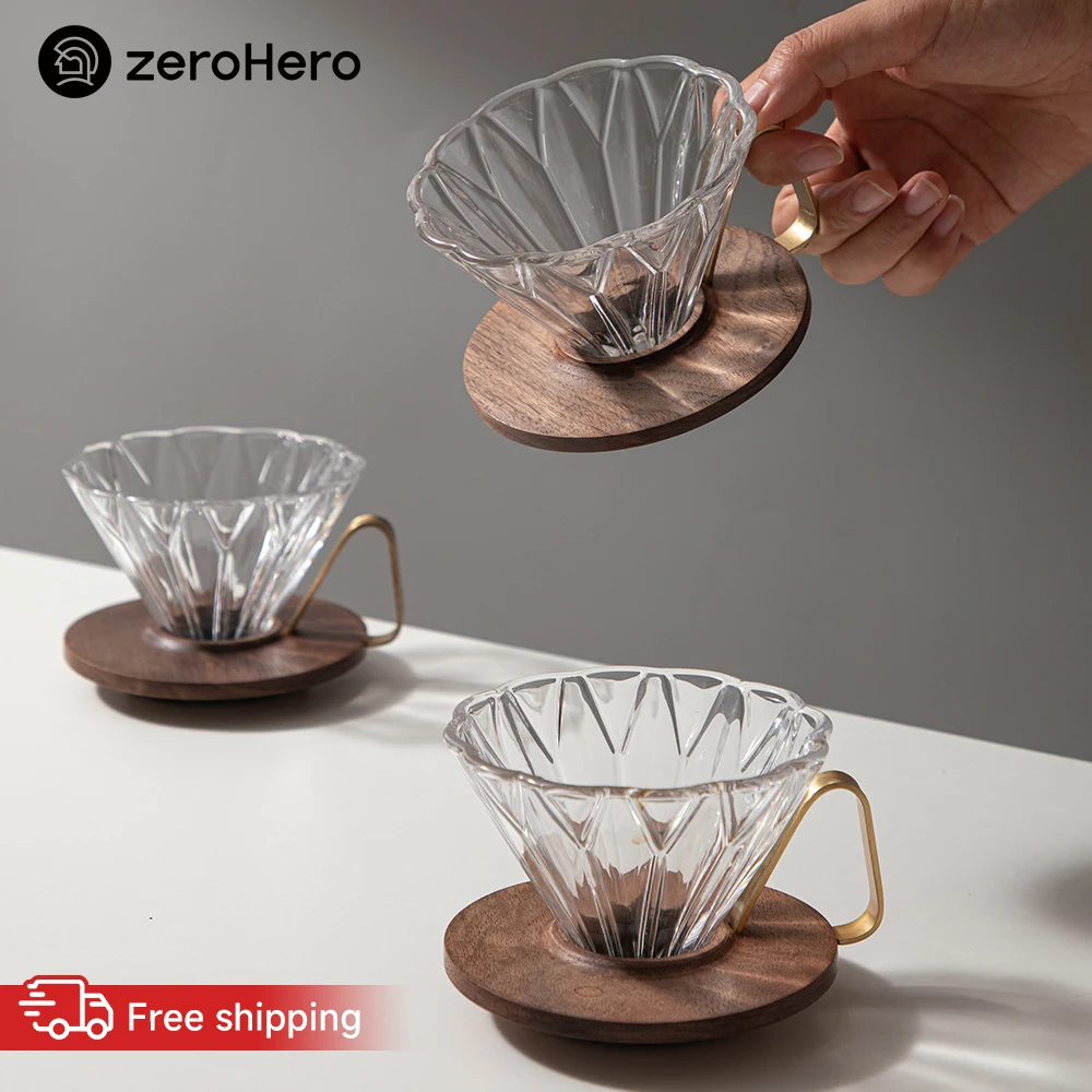 zeroHero Specialty Coffee Dripper Faceted Borosilicate Glass Walnut Base 1-2 Cups Ribbed Wall Pour-Over Brewer for Home Cafe Use