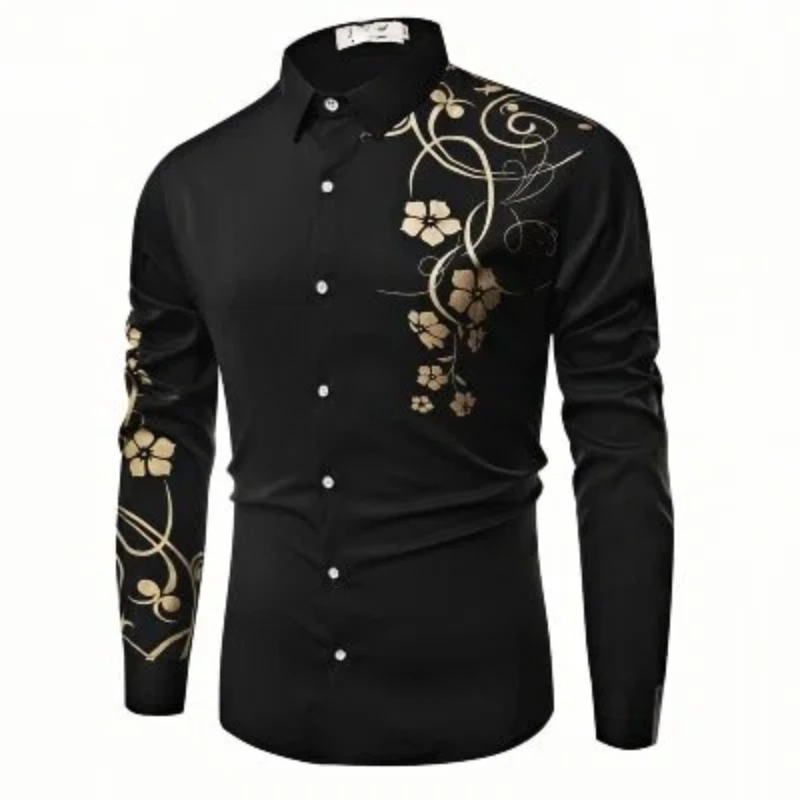 

2025 Luxury Gold Flower European and American Popular Printed Long Sleeve Shirt for Luxury Parties Wearing Button Up Top