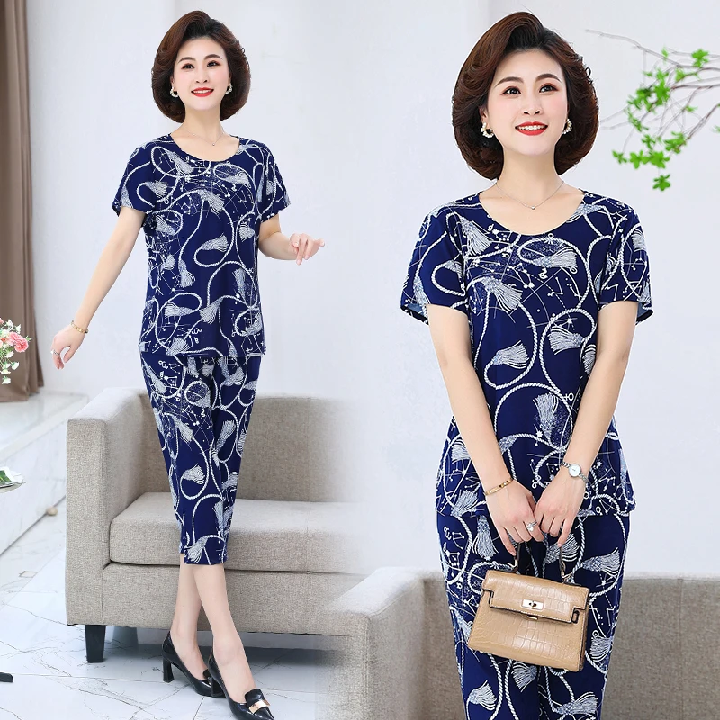 5XL Women\'s Suit Middle Aged Female Summer Casual Short Sleeve T-Shirt Top And Pants Fashion Milk Silk 2 Two Piece Set Plus Size