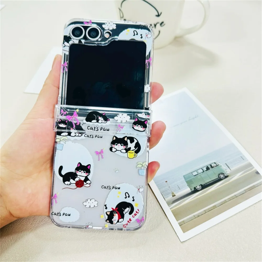 Playful Kawaii Cartoon Cat Print Phone Case for Samsung Galaxy Z Flip 7-3 Star Bow Heart Charm Bead Strap Protective Cover