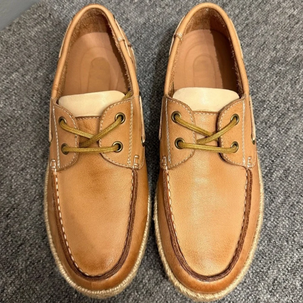 QHCCID 남성용 레트로 수제 캐주얼 신발 천연 가죽 통기성 부드러운 소가죽 보트 피셔맨 슈즈