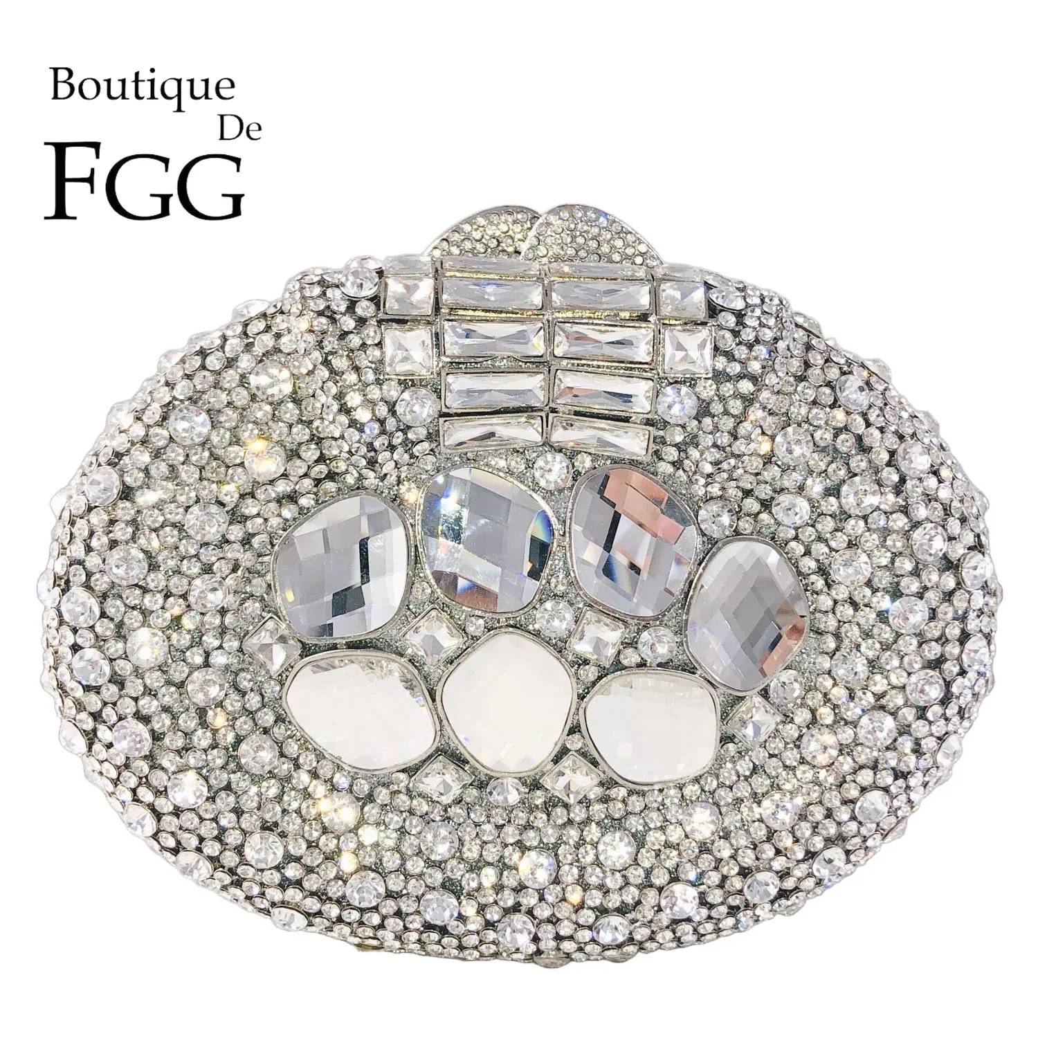 Boutique De FGG Oval Shape Women Silver Evening Bags Big Gemstones Rhinestone Clutch Purse Wedding Party Bridal Handbags