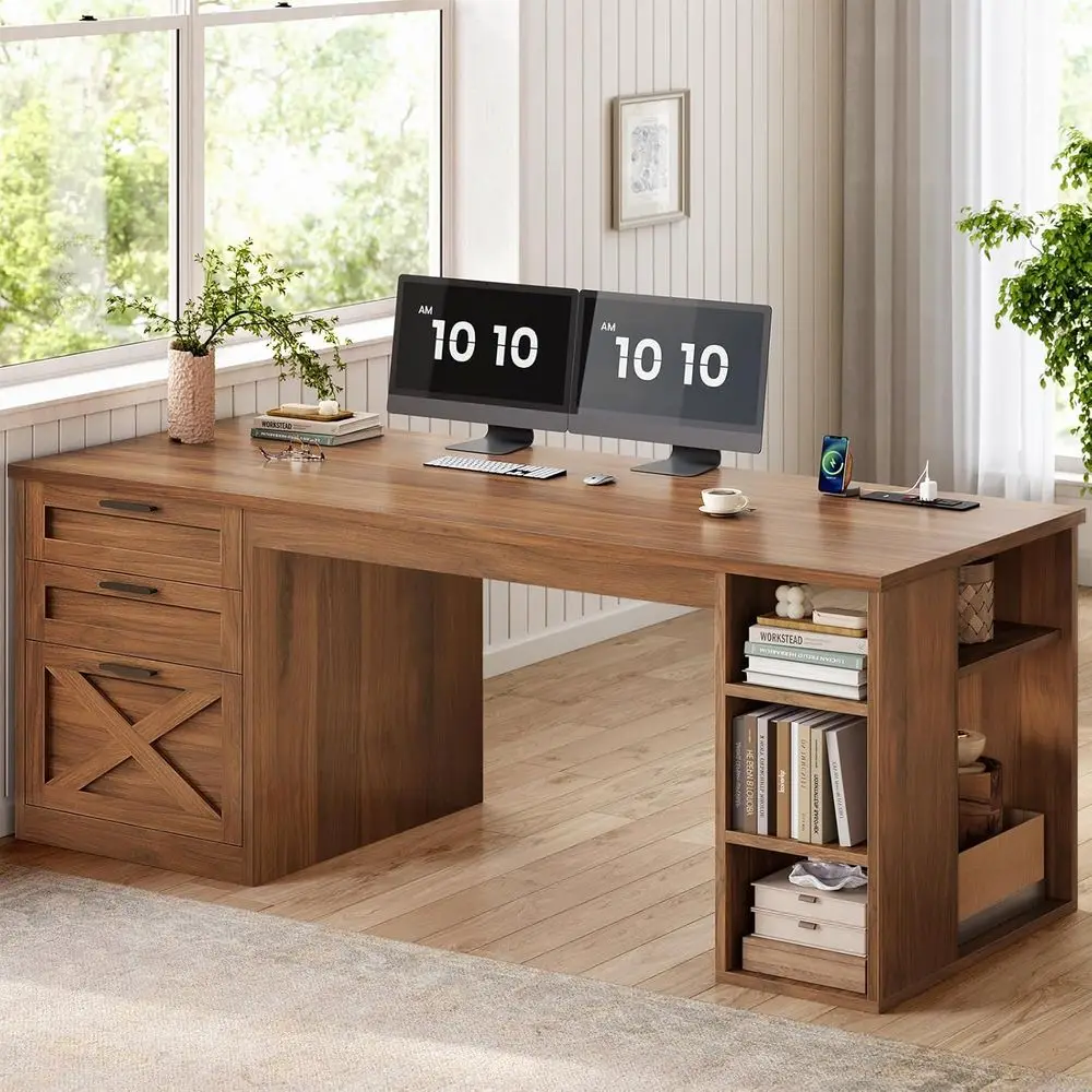 

55.1 Large Executive Office Desk with 3 Drawers, Compact Computer Desk with File Drawer & Storage, Power Outlet Ready Home Offic