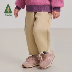 Amila Baby Casual Pants 2024 Winter New Girls Solid Color Printing Warm Soft Loose comfortable Casual Children‘s Trousers