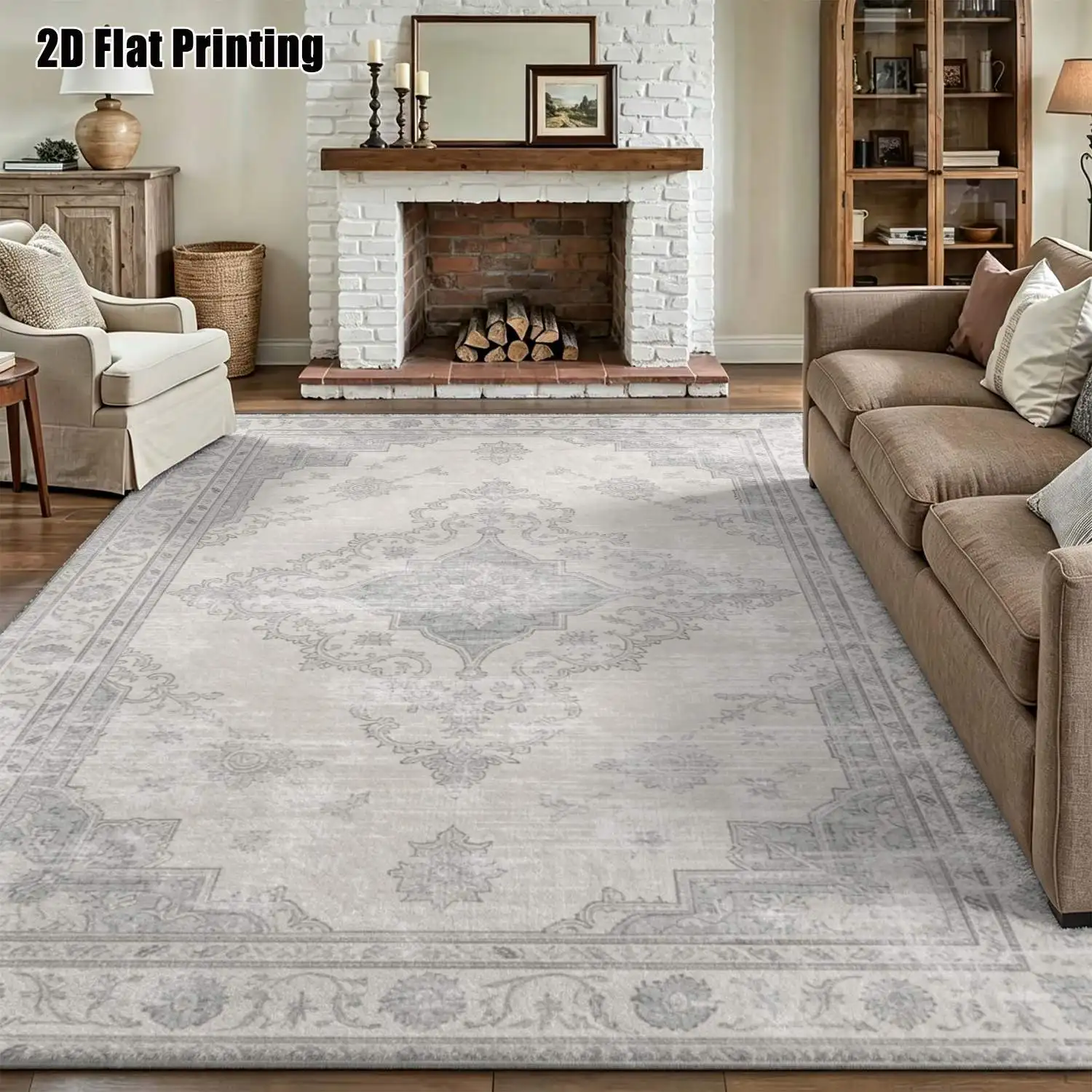 1Pc 2D Printed Retro Gray Carpet: European Vintage Geometric Pattern, Home Decor, Multi-Size, Machine Washable, Ideal for Entrance, Dining, Foyer, Bedroom, Living Room as a Mat/Rug