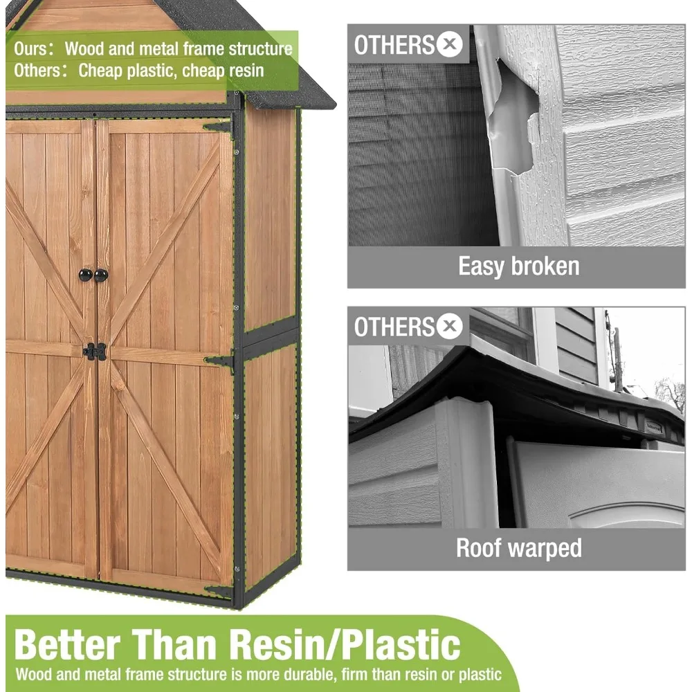 سقيفة تخزين خارجية، سقيفة أدوات حديقة خشبية مع إطار معدني، سقف منحدر وأرفف قابلة للتعديل مكونة من 3 طبقات، مخزن خارجي