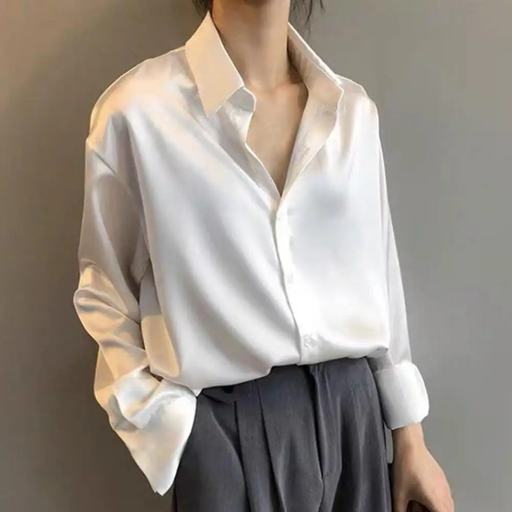 Autumn Fashion Button Up Satin Silk Shirt Spring Vintage Blouse Women White Lady Long Sleeves Female Loose Street Shirts