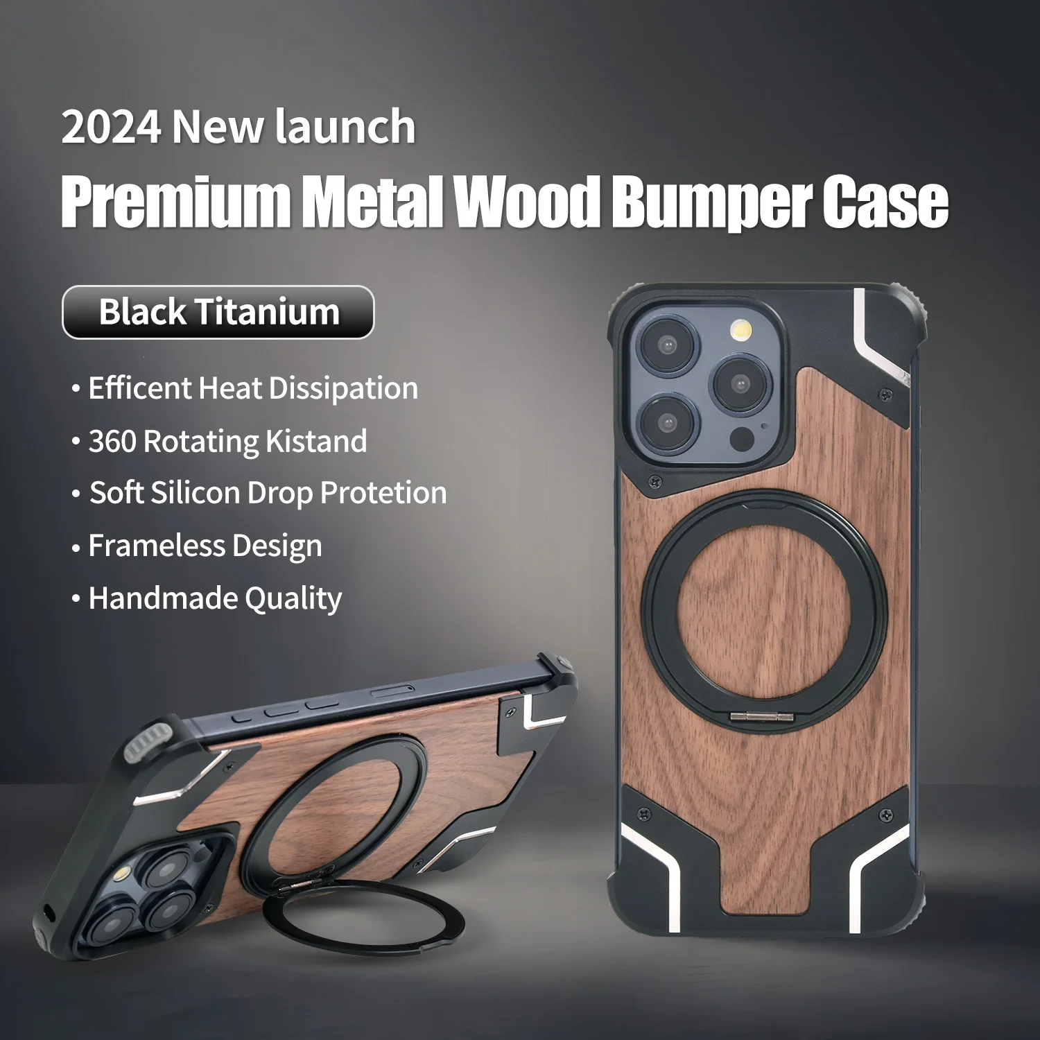 360°Rotating Ring Stand Magnetic Magsafe Phone Holder Walnut Wood Metal For iPhone 15 14 Pro Max Case framework Protective cover