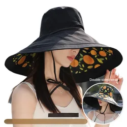 Summer Women Reversible Wide Large Brim Sun Hat Outdoor Cotton Beach Fisherman Cap UV Proof Foldable Sun Protection Bucket Hat
