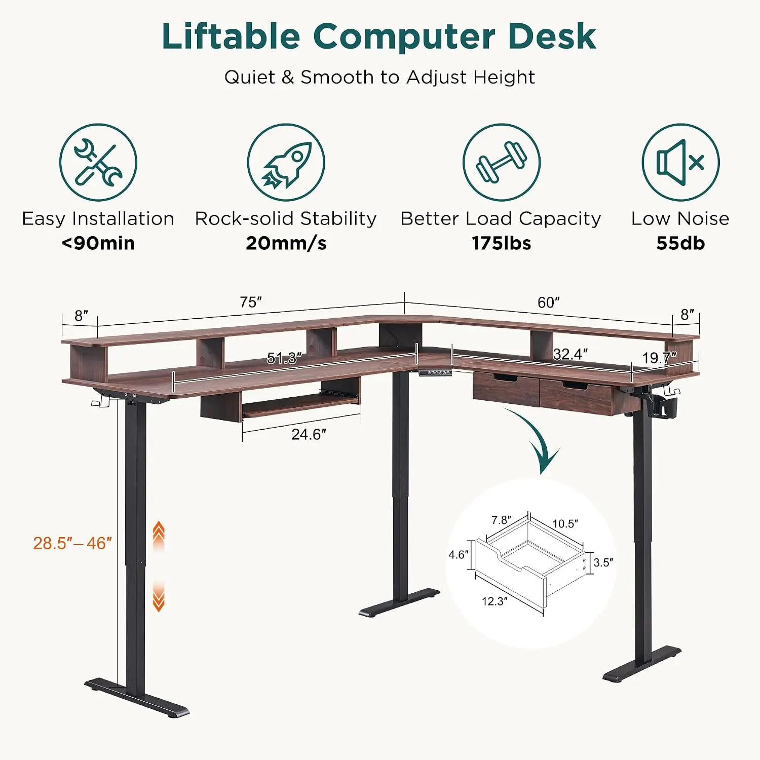 L-Shaped Electric Standing Desk Height Adjustable Corner Desk with Drawers Tray Outlets LED Lights Monitor Shelf  Customized
