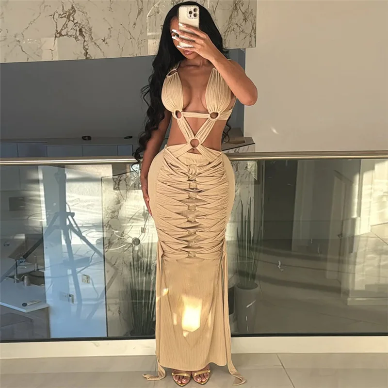 Spicy Girl Sexy Hollow Ring Evening Dress Large Lace up High Waist Lace up Prom Gown Folded Low Chest Hip Wrap Party Robes