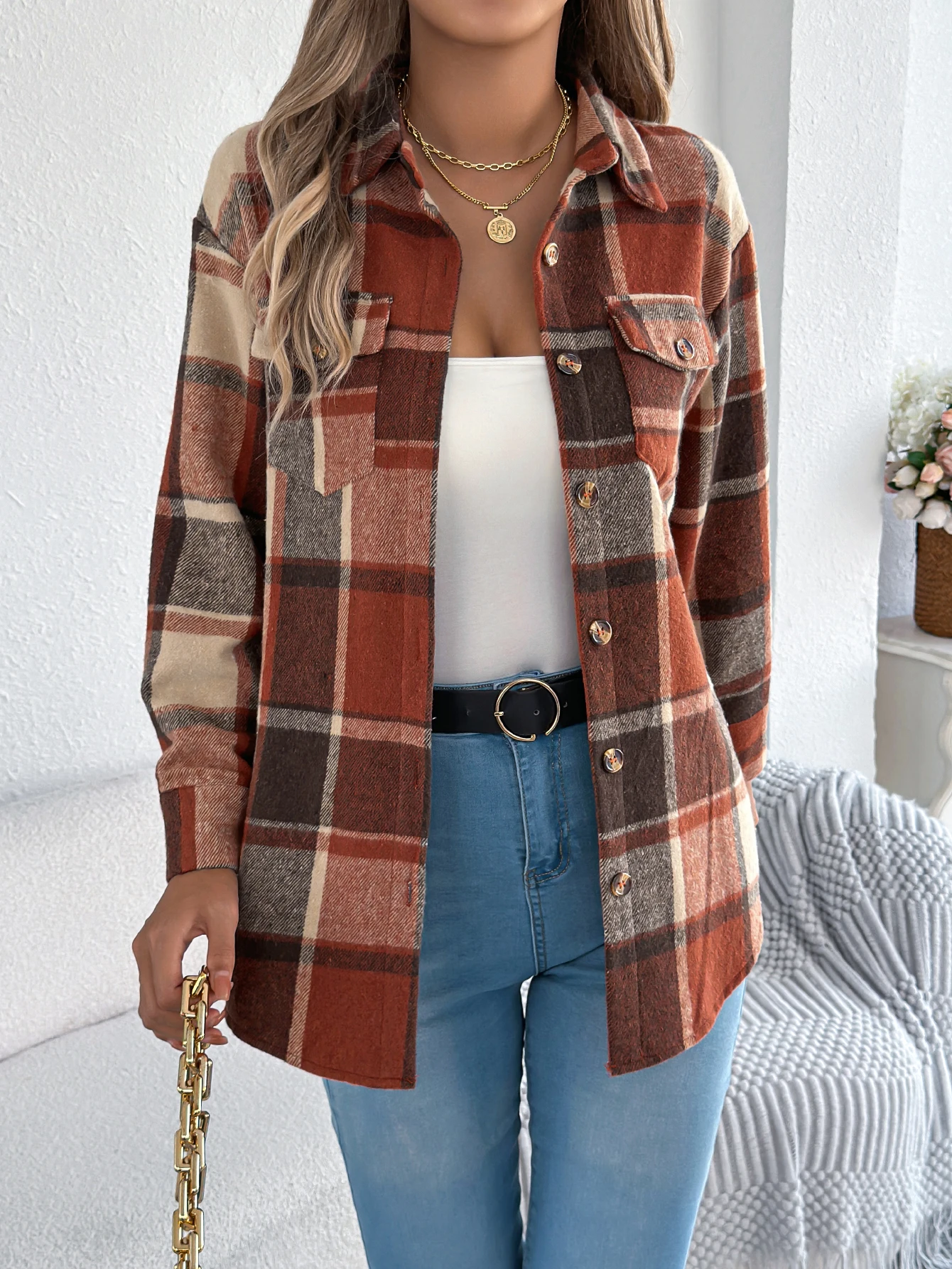 

Women's Plaid Color Block Shacket Notched Collar Button Front Flap Pockets Long Sleeve Lodge Core Winter Coat